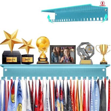 Imagem de Lapetale Fashion Prateleira de troféu azul antiderrapante – Suporte de medalha de 40 cm para parede com prateleiras atualizadas para troféus, ginástica, futebol, natação