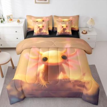 Imagem de Erosebridal Jogo de cama casal com estampa de axolote 3D, estampa kawaii, animal marinho, salamandra, 7 peças, para crianças, meninos, homens, réptil, axolote amarelo, lençol com elástico