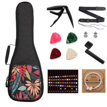 Imagem de MUINS Estojo para ukulele, bolsa para ukelele de concerto soprano tenor, 53, 60, 26, com bolsa, capo, 4 palhetas e cordas e enrolador de cordas, alça e adesivos, escolha de presente Uke (folhas pretas