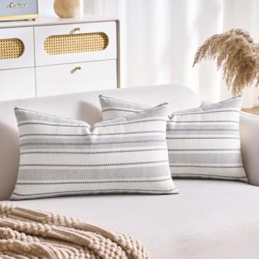 Imagem de Boho Capas de almofada texturizadas 30,5 x 50,8 cm, capas de almofada decorativas para sofá, cadeira, sofá, quarto, sala de estar, decoração de casa, listras azuis e bege, conjunto de 2