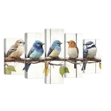 Imagem de QIXIANG Conjunto de arte de parede em tela de pássaros de fazenda com 5 peças, estampa floral de ramo de árvore, pinturas de animais, decoração de parede de quarto emoldurado (branco, 20 x 35 x 55 x