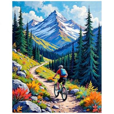 Imagem de Kit de pintura por números para esportes ao ar livre para adultos – Trilha de mountain bike faça você mesmo com pinheiros e picos nevados, pintura em tela 40,6 x 50,8 cm, conjunto de tinta acrílica