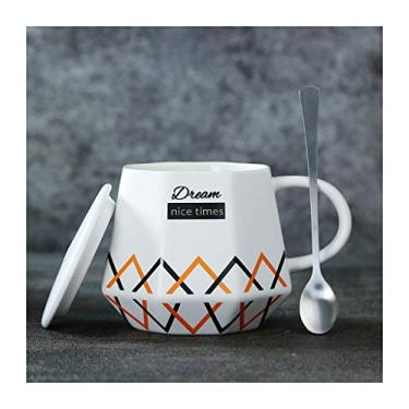 Imagem de Caneca de café de cerâmica com padrões geométricos de 400 ml com tampa e colher de prata personalidade moda escritório copo de viagem para ir para chá/leite/água para homens e Wonmen xícara de café