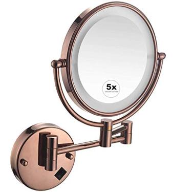 Imagem de Espelho de banheiro montado na parede, espelhos de barbear, montados na parede, espelho iluminado por LED, ampliação 5x, extensão dupla face giratória de 360° para hotel ouro rosa