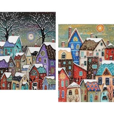 Imagem de 2 peças de pintura de arte de diamante, kits de pintura de diamante redondo de casa de Natal DIY para adultos iniciantes, strass de cristal para presente de decoração de parede de casa, 30 x 40 cm