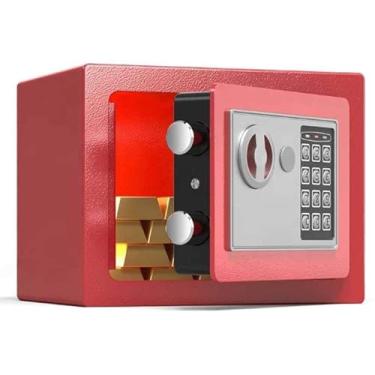 Imagem de Cofre digital seguro, cofre de dinheiro de carregamento frontal, seguro contra quedas de liga de aço com tecnologia de sensor de dedo e chaves para casa/escritório/negócios - rosa (vermelho)