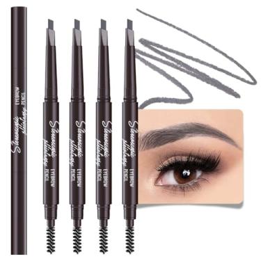 Imagem de 4 pacotes de lápis de sobrancelha retráteis para mulheres, caneta de sobrancelha cinza cinza à prova d'água com pincel para maquiagem dos olhos, palitos definidores macios de dupla face, ponta fina