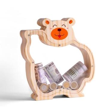 Imagem de Cofrinho de urso de madeira para crianças com adesivos de letras, cofrinho grande inquebrável para meninos, meninas, lindo cofrinho de madeira, presente de aniversário personalizado, cofrinho para