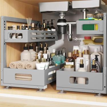 Imagem de Biboraya Pacote com 2 organizadores embaixo da pia de 48 cm de profundidade, organizador de armário com trilho cilíndrico liso, gaveta deslizante de metal para cozinha, banheiro, lavanderia, altura