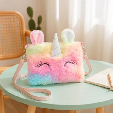 Imagem de Bolsa tiracolo feminina de pelúcia de unicórnio, linda bolsa de ombro com fecho de zíper para passeios diários