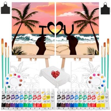 Imagem de QUANWAISJ 2 conjuntos de kit de pintura 25 x 30 cm para adultos, kit de pintura para casais à noite, com tela pré-desenhada (cavaletes incluídos), perfeito para pintura noturna e festas (amor)