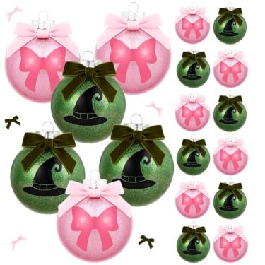 Imagem de Threehoney 12 peças de enfeites de bola de Natal de 8 cm para árvore com laço de bruxa brilhante verde e rosa, decoração de árvore de Natal, decoração de bola, decoração de festa de Natal para casa