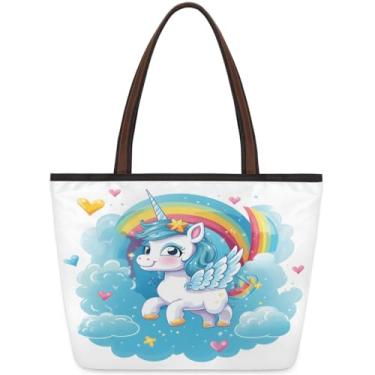 Imagem de Bolsa grande para mulheres, animais fofos, arco-íris, unicórnio, bolsa de trabalho com zíper, reutilizável, bolsa de mão, casual, para viagem, trabalho, férias, praia, compras, presentes