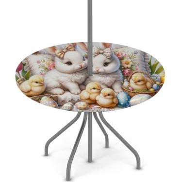 Imagem de hongjinglin Toalha de mesa de Páscoa para uso ao ar livre com orifício para guarda-chuva, toalha de mesa redonda elástica com zíper, impermeável, limpável, para piquenique, festa, pátio, serve para