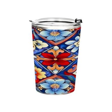 Imagem de Blueangle Copo de 340 g com tampa e canudo, copo de café com água isolada a vácuo de aço inoxidável, caneca térmica de cerâmica mexicana para bebidas quentes e frias (138)