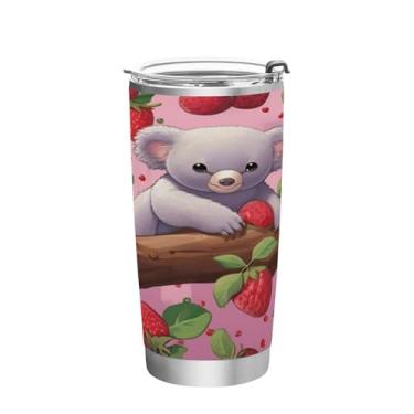 Imagem de Blueangle Copo de 590 ml com tampa e canudo, copo térmico de aço inoxidável isolado a vácuo, caneca térmica pequena de coala morangos para bebidas quentes e frias (227)