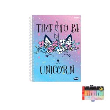 Imagem de Kit Caderno Feminino KBOM 1 Matéria Capa Dura com 96 Folhas + Caneta Esferográfica e Marca Texto