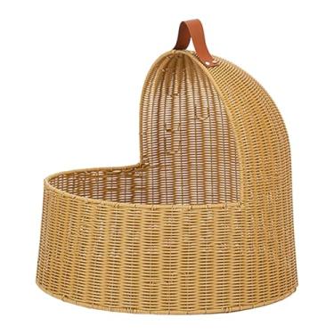 Imagem de Gralara Cama de gato de imitação de vime, cama para animais de estimação, casa para gatos, para pequenos animais, cães pequenos, descanso, Amarelo