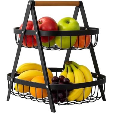 Imagem de Fruteira de Mesa 2 Andares de Metal com Alça de Bambu – Cesta Organizadora de Frutas ,Pães Decorativa para Cozinha Mesa e Sala Design Moderno Resistência Acabamento Mantém Alimentos Frescos
