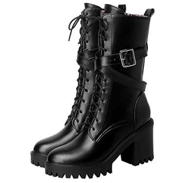 Imagem de Parisuit Botas femininas de salto alto grosso com cadarço, cano médio, fivela gótica, plataforma, botas de combate punk com zíper, Preto, 40