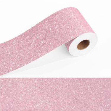 Imagem de Yullpaper Borda de papel de parede rosa com glitter rosa descasque e cole para parede bordas autoadesivas de quadro de avisos com glitter, moldura de espelho removível, adesivo de papel de parede para