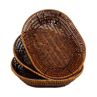 Imagem de Pacote com 3 cestas de pão de vime, cestas de servir ovais de 28 cm, organizador empilhável de armazenamento de cozinha para despensa, padaria, restaurante, uso doméstico com acabamento marrom natural