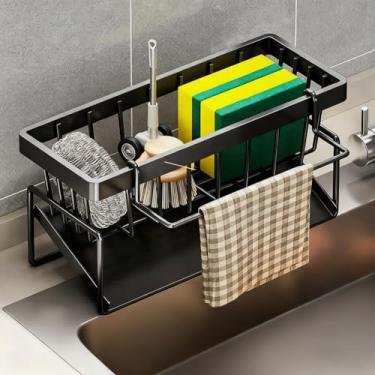 Imagem de Organizador de pia de cozinha, suporte de esponja com bandeja de drenagem automática, toalheiro removível, organizador de dispensador de sabão de bancada de cozinha inoxidável à prova de ferrugem