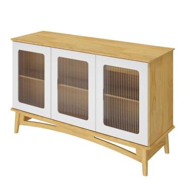 Imagem de Balcão Veneza 3 Portas De Vidro Canelado E 1 Gaveta Interna - Garapa Com Portas Branco Laca