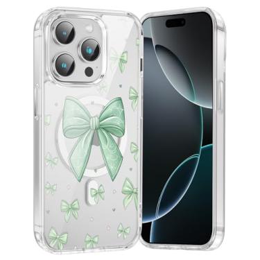 Imagem de FBHGLOA Capa de celular para iPhone 16 Pro de 6,3 polegadas, com laço verde, compatível com MagSafe, fita estética com estampa de coração, antiamarelamento, à prova de choque, capa magnética