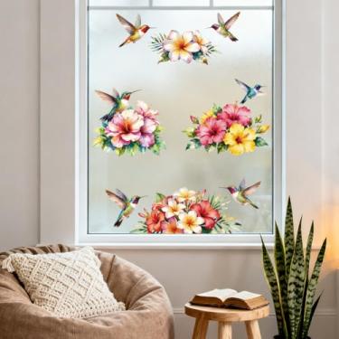 Imagem de Peacoblue Adesivo de janela dupla face para janelas de carro de vidro grandes, 1 folha beija-flores e hibisco 120 cm x 30 cm decalque de janela à prova d'água para decoração de sala de aula de
