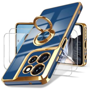 Imagem de Dretal Capa para Motorola Moto G 5G 2026/Moto G Play 2026, 2x protetor de tela, suporte magnético giratório de 360°, suporte magnético, borda dourada banhada a ouro, capa protetora fina de TPU para