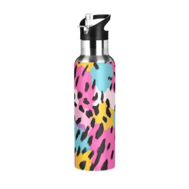 Imagem de Wassud Garrafa de água esportiva de aço inoxidável com estampa de leopardo colorida de 1000 ml, isolamento a vácuo, com tampa de canudo à prova de vazamento, copo portátil, academia, viagem