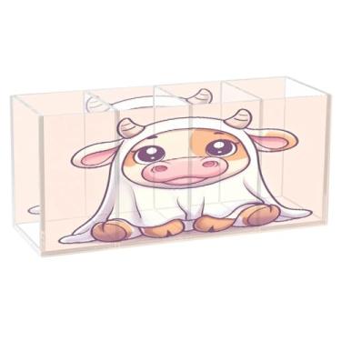 Imagem de Burbuja Suporte de caneta de acrílico de vaca com desenho animado, 4 compartimentos, suporte de lápis transparente para pincéis de maquiagem, acessórios de mesa de escritório em casa