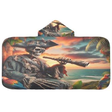 Imagem de Burbuja Toalha de banho com capuz de esqueleto pirata para crianças, toalha de praia de pelúcia macia absorvente para meninas e meninos 3-10 anos, 61 x 127 cm