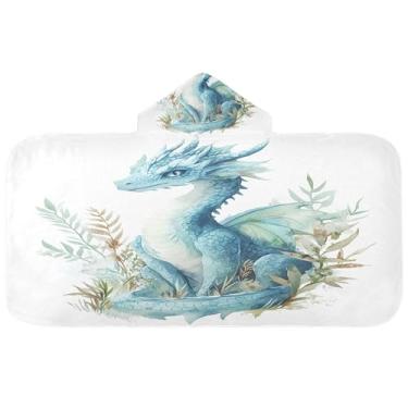 Imagem de Burbuja Toalha de banho com capuz de dragão azul e verde para crianças, toalha de praia de pelúcia macia absorvente para meninas e meninos 3-10 anos, 61 x 127 cm