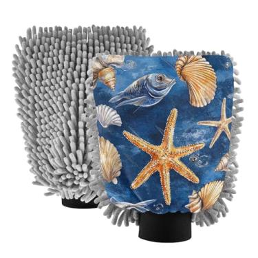 Imagem de STAYTOP Luvas de lavagem de carro de peixe e estrela do mar, 2 peças, luvas de microfibra de chenille, sem arranhões, panos de esponja de lavagem ultra absorventes para carros, limpeza doméstica - L