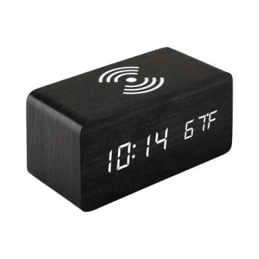 Imagem de Relógio Despertador Digital De Madeira Com Temperatura, Umidade, Carre