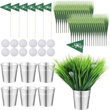 Imagem de HFYZZ 6 conjuntos de decorações de mesa de festa de golfe, inclui 12 mini bolas de golfe, 6 baldes de ferro, 36 gramíneas artificiais, 6 bandeiras, centro de mesa para decoração de mesa de aniversário