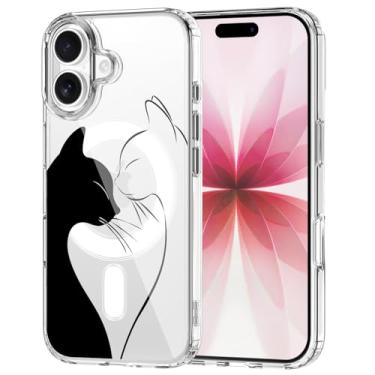 Imagem de OFQKOAKS Capa para iPhone 15 Pro Max, compatível com MagSafe, capa de telefone magnética com desenho animado fofo casal doce beijo gato, capa protetora transparente e macia para amantes