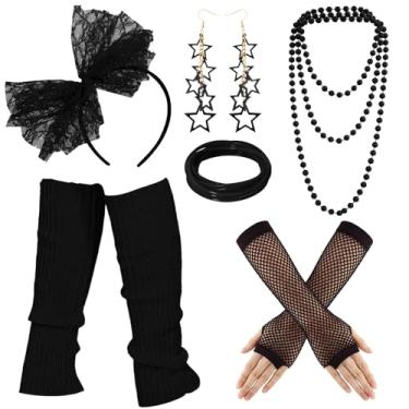 Imagem de Blulu Acessórios femininos para fantasia dos anos 80, renda, faixa de cabeça, brinco, luva arrastão, polainas, colar e pulseira para festa dos anos 80, Preto, One Size