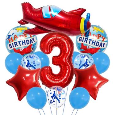 Imagem de Conjunto de balão grande número 3 vermelho de avião, decorações de 3º aniversário, suprimentos de festa com tema voador com céu vermelho, balões número 3 para meninos, decorações de aniversário de 3