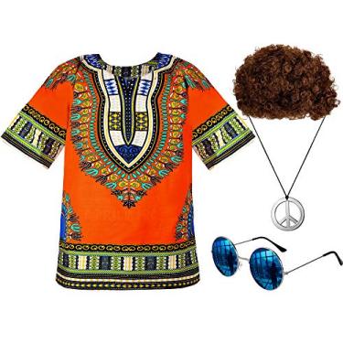 Imagem de Norme Conjunto de acessórios de fantasia hippie de Halloween dos anos 60 e 70 para homens, conjunto de acessórios para fantasia hippie, peruca marrom, óculos de sol, colar com sinal de paz, Marrom, M