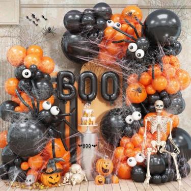 Imagem de Adeyoo Kit de arco de guirlanda de balão de Halloween - Kit de arco de balão preto e laranja, 132 peças de balões pretos laranja com globo ocular assustador, balões boo para decorações de festa do dia