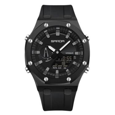 Imagem de MASTOP Relógio masculino, combinação digital/analógica japonesa, esportivo, casual, relógio de aço inoxidável, pulseira de borracha, mostrador preto, 3 ponteiros, despertador de data, cronômetro