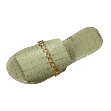 Imagem de Pantufas planas femininas com corrente de metal, bico redondo, bico aberto, casual, primavera, verão, praia, com sola de poliuretano, Verde menta, 35
