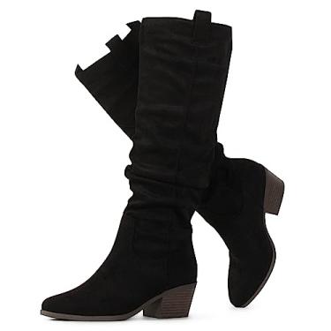 Imagem de RF ROOM OF FASHION Botas femininas de cano alto com salto bloco baixo (panturrilha regular), Camurça preta (panturrilha normal), 8