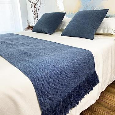 Imagem de Caminho de cama simples moderno borla capa de cama leve luxo proteção de cama cobertor para cama king size faixa decorativa toalha de cama para quarto hotel quarto de casamento - azul escuro ||45 x 45