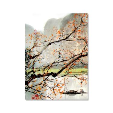 Imagem de Arte de cenário japonês, impressão floral, pintura a tinta, barco, pássaro, pôsteres em tela, decoração asiática, arte de parede japonesa para decoração de sala de estar e quarto (SKU1,50,8 x 71,1 cm