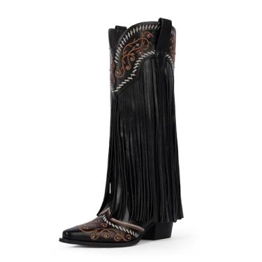 Imagem de Modatope Botas de cowboy femininas com franjas na altura do joelho, bordadas, cowgirl, bico fino, salto grosso, Preto, 38