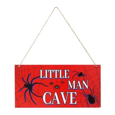 Imagem de Placa de Porta em Forma de Aranha, 30x15cm Madeira Decoração Quarto com Teia Aranha Vermelha com Corda Placa Porta para Pendurar na Parede para Meninos e Homens